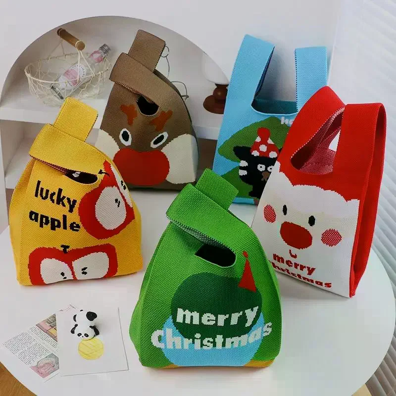 

Christmas Knit Handbags Women Knot Wrist Bag Casual Small Tote Bag Girls Reusable Shopping Bags New Year Xmas Gift Bag