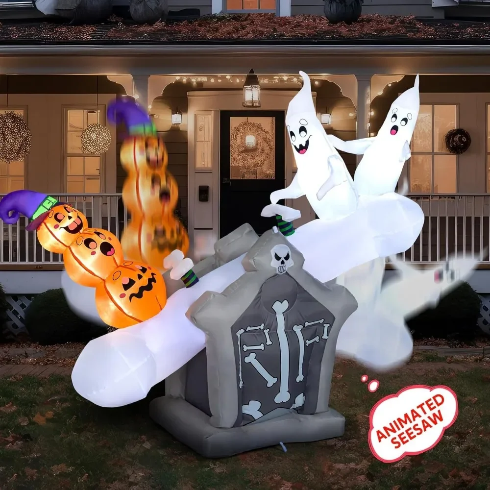 

Animated Halloween Inflatable Outdoor Decoration, Ghost Inflatable Halloween Decor Blow Up GhostS Playing Seesaw