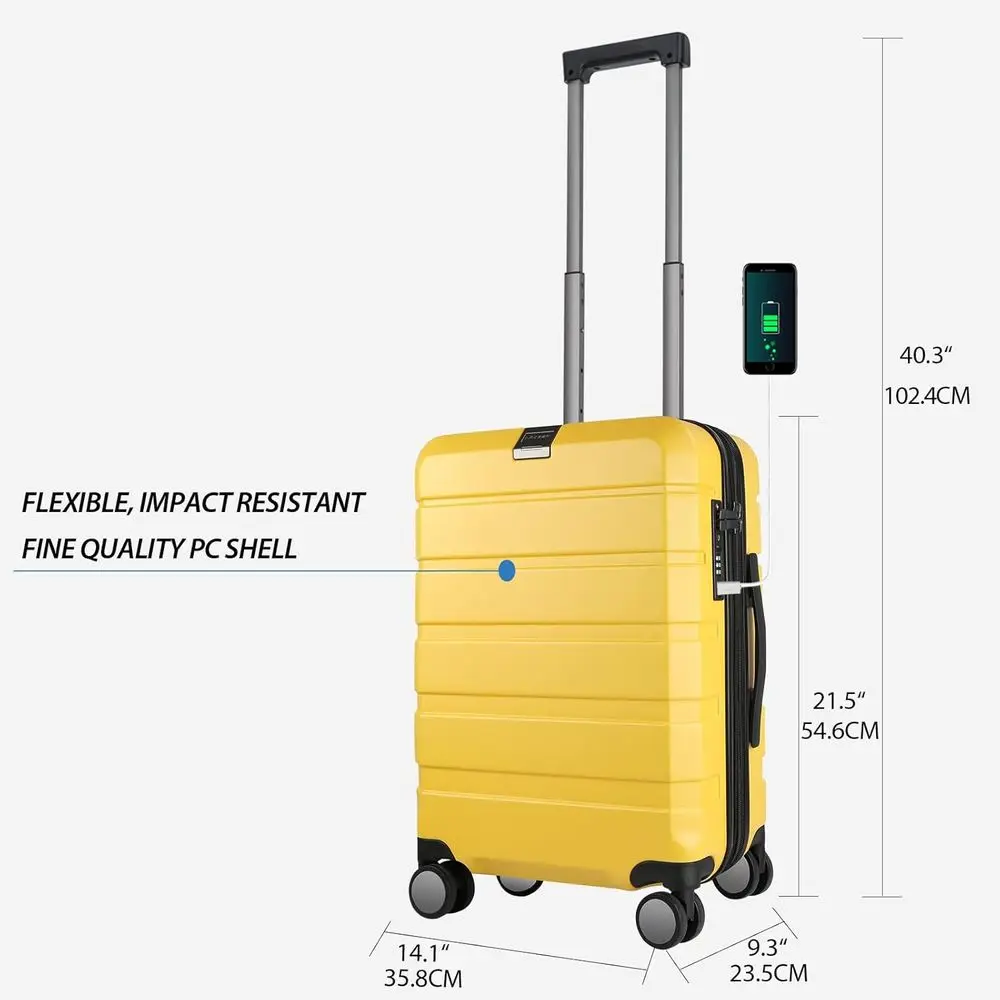 Expandable 20-Inch Yellow Hardshell Luggage with Spinner Wheels, Built-in TSA Lock, and USB Port