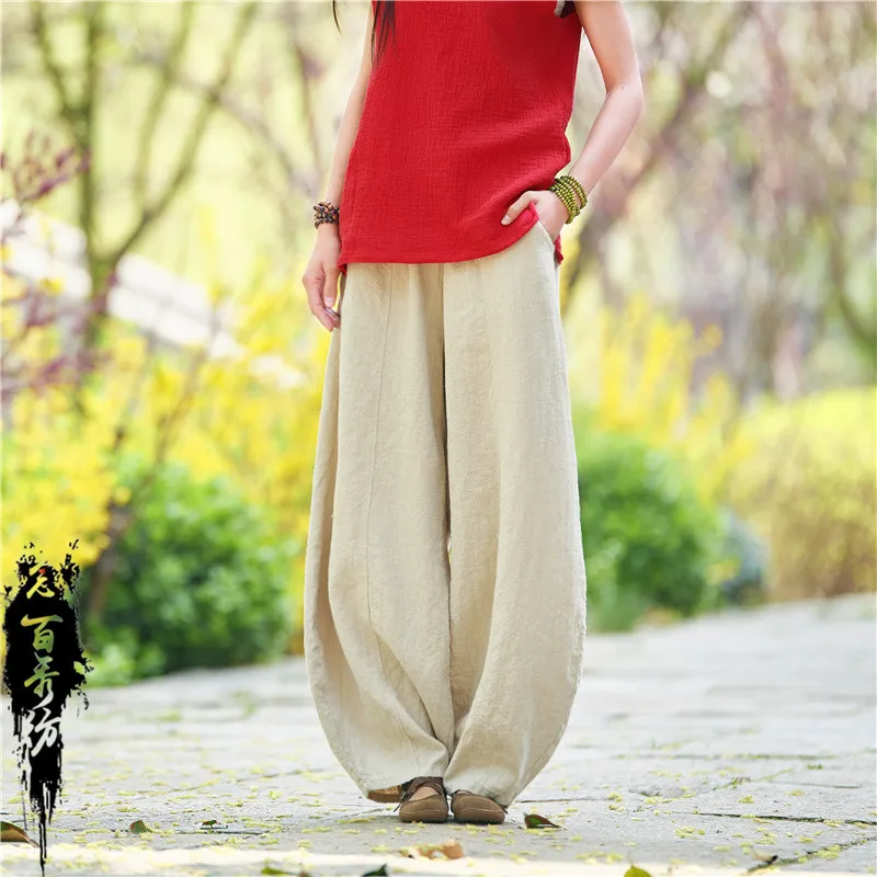 

Cotton and linen women's new Zen retro and thin washed casual lantern trousers fashionable versatile simple temperament elegant