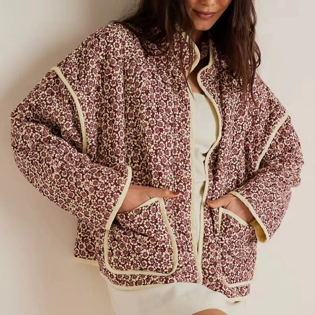 

Chaqueta de mujer зимняя куртка женская осенняя с цветочным принтом тонкий карманный кардиган с украшением хлопковое пальто женский топ