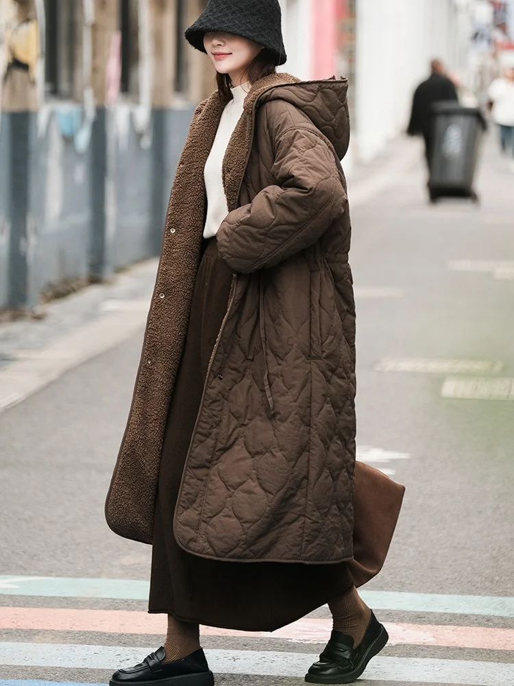 

Женское хлопковое пальто свободного кроя с шапкой на молнии с ромбовидным узором, теплое осенне-зимнее пальто, длинное пальто с капюшоном све, застежка на одной пуговице