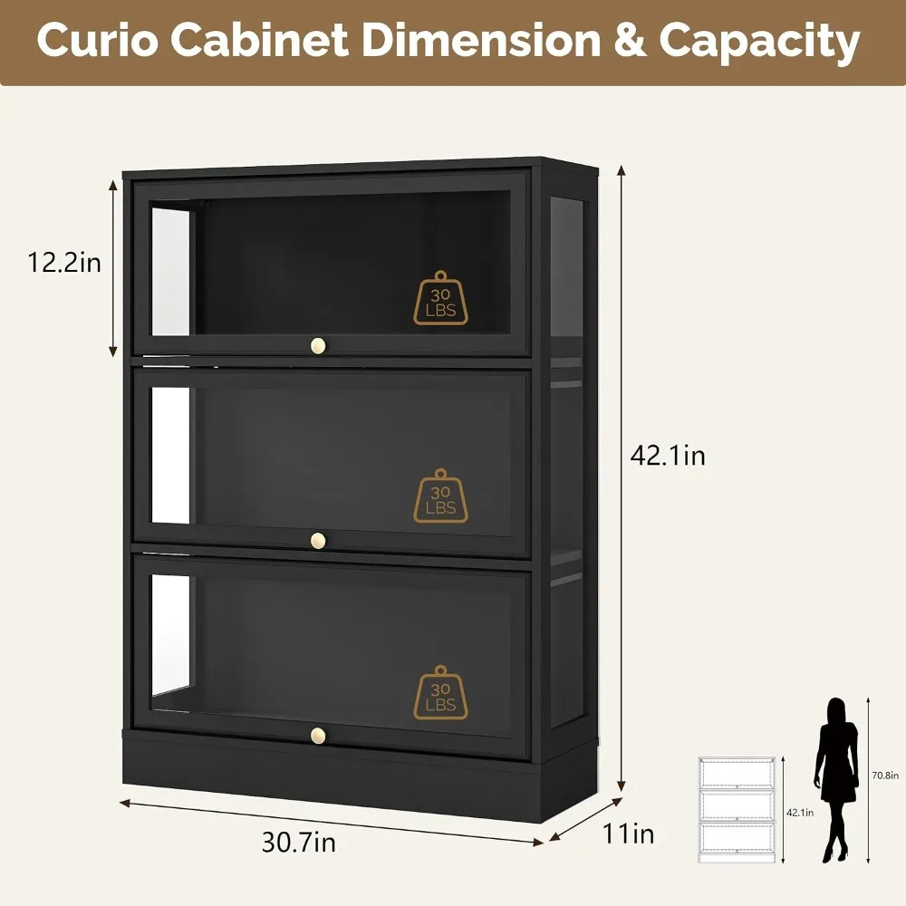 3-Tier Display Cabinet with Acrylic Doors and LED, Black Curio Shelf for Collectibles