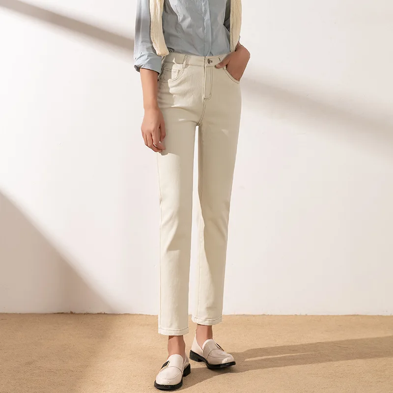 

High Waist Fce Lined Khaki Straight Leg Jeans Women's Elastic Slim Fit Bootcut Pants Winter New Sle Versatile Slimming