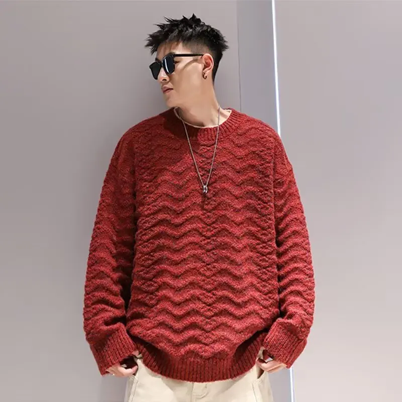 Wave Pattern Men's O-neck Solid Color Sweater Daily Loose Casual Pullover Student Daily Warm Sweater y2k korean fashion Sweater