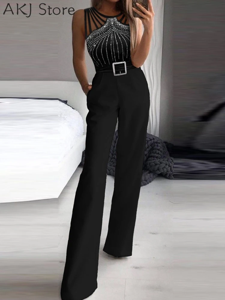 

Women Round Neck Multi Strap Sleeveless Rhinestone Bootcut Jumpsuit