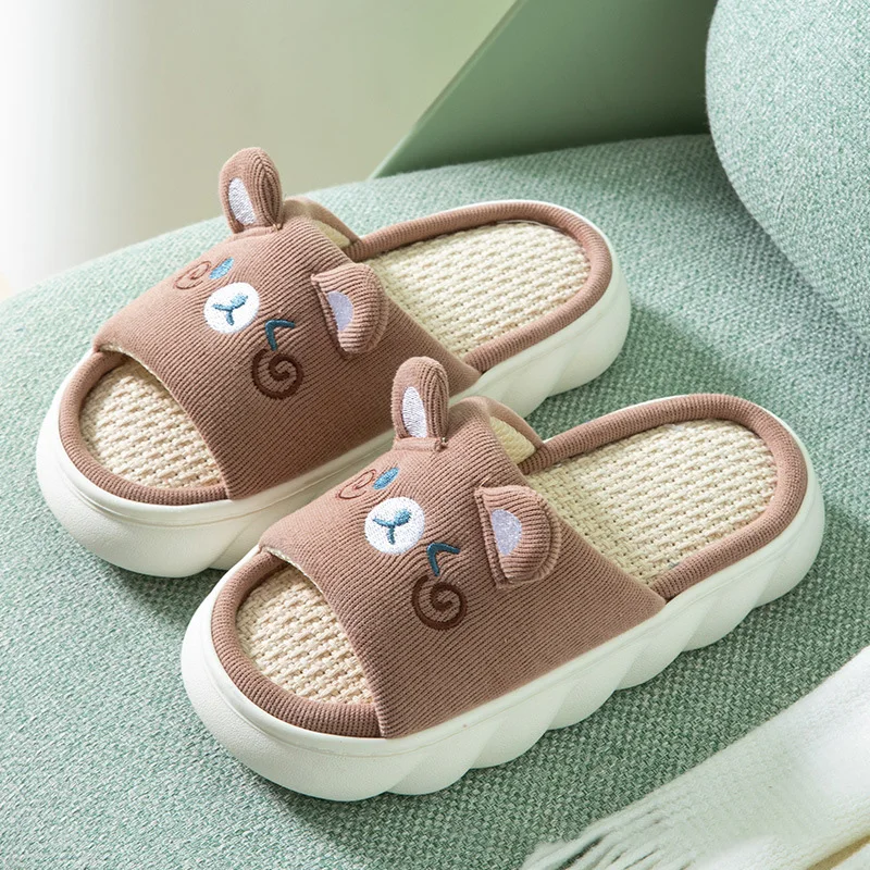 Thick Sole Cartoon Linen Slippers Female Cute Rabbit Anti-slip Sweat Home Comfy Sandals Four Seasons Family Cotton Slipper