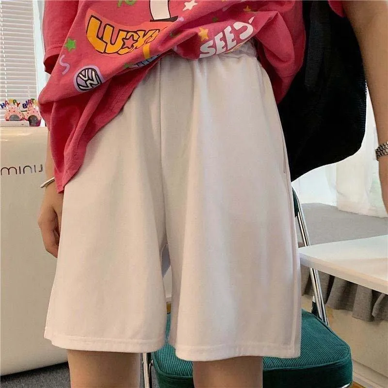 Shorts casuais femininos estilo coreano, calças soltas para estudantes, Harajuku, simples cor sólida, elasticidade, novo, verão, 2022