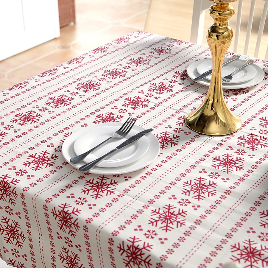 Red Snowflakes Christmas Table Cloth Customizable Linen Cotton Tablecloth  for Wedding Banquet Party Kitchen Washable Table Cove