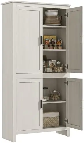 64' Kitchen Pantry Cabinet, Freestanding with 4 Doors, 3 Adjustable Shelves, Antique White
