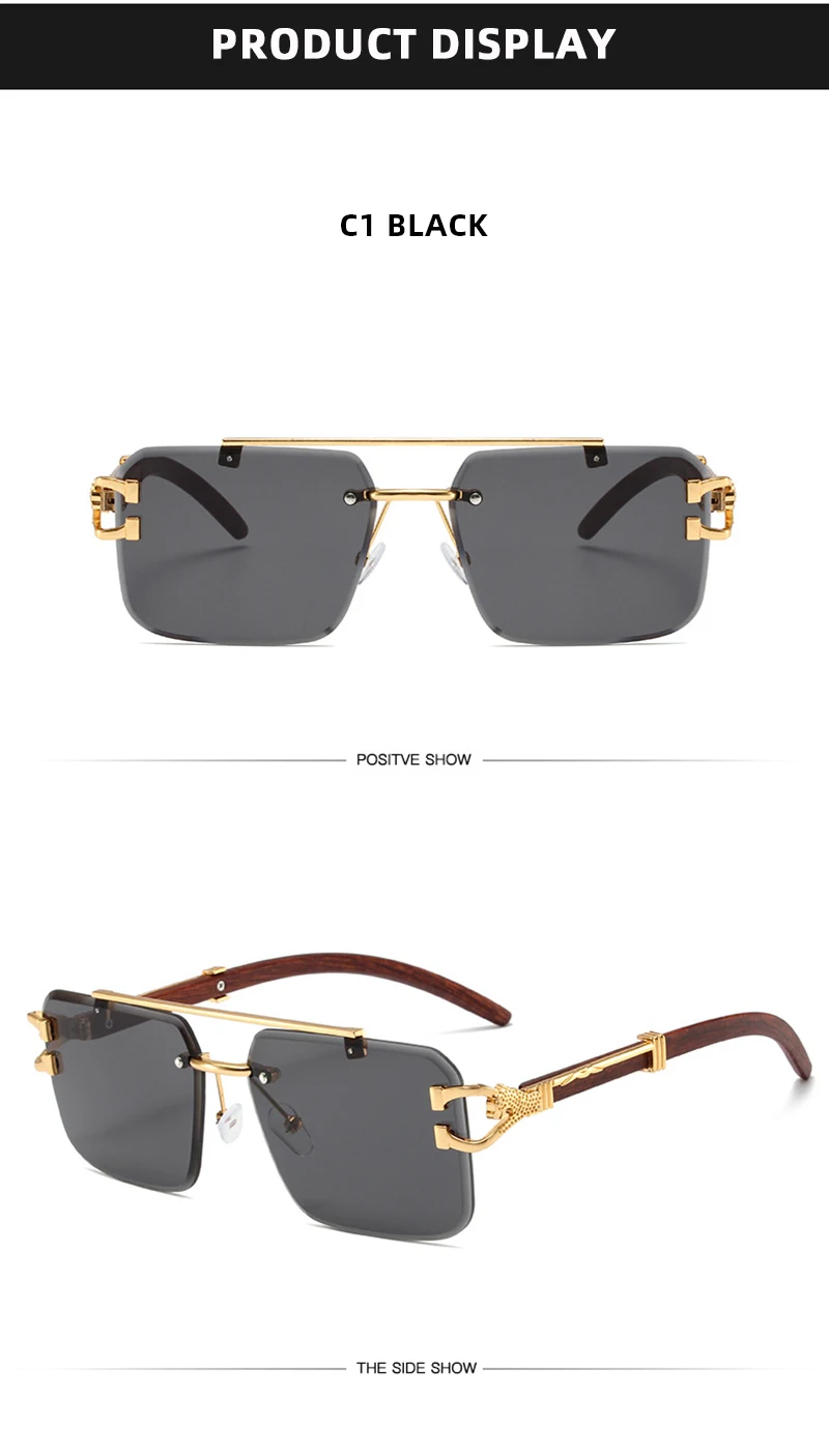 Trend Double Beam Große Sonnenbrille Männer Frauen Randlose Schnittkante Quadratische Sonnenbrille Mode Leopard Holzmaserung Shades – Detail 8