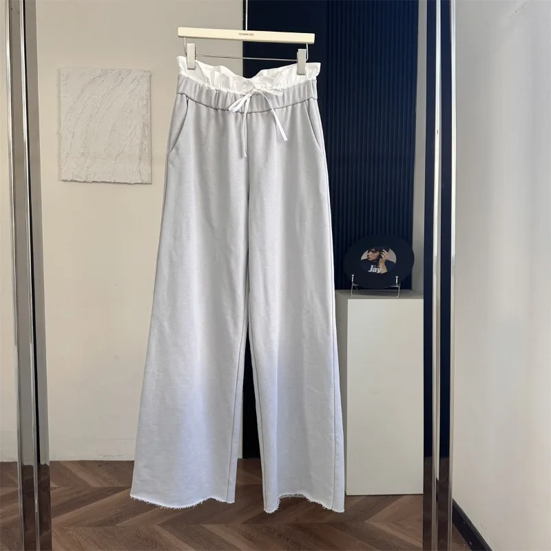 

Contrasting Drawstring Bud Waist Combed Cotton Wide Leg Straight Casual Pants Korean Style Pants Women Cargo Pants Women