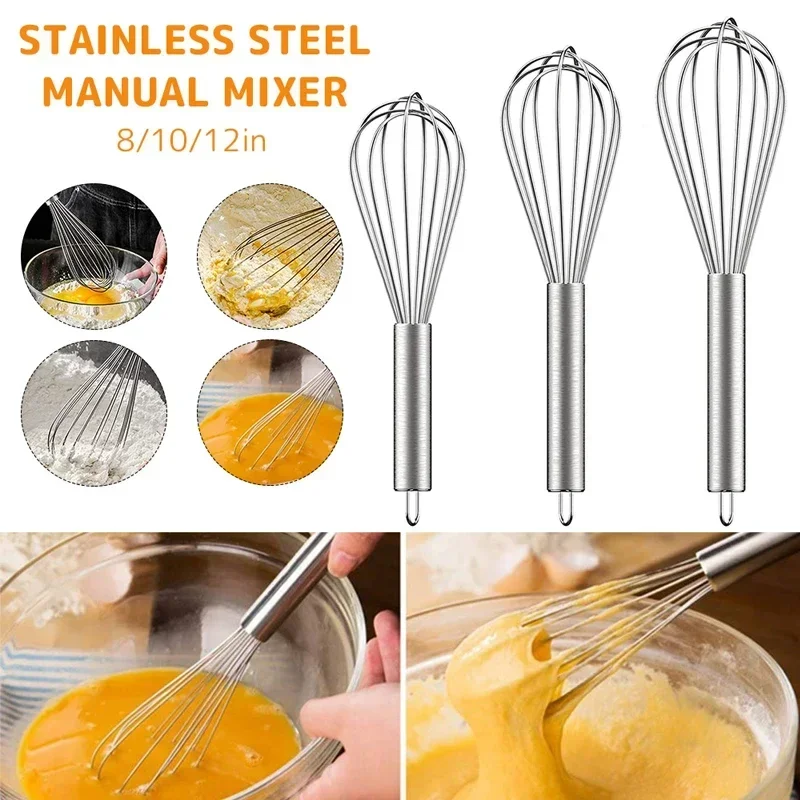 Advanced stainless steel manual egg beater with 6-wire mixer suitable for kitchen mixing and baking -8-10-12 inches