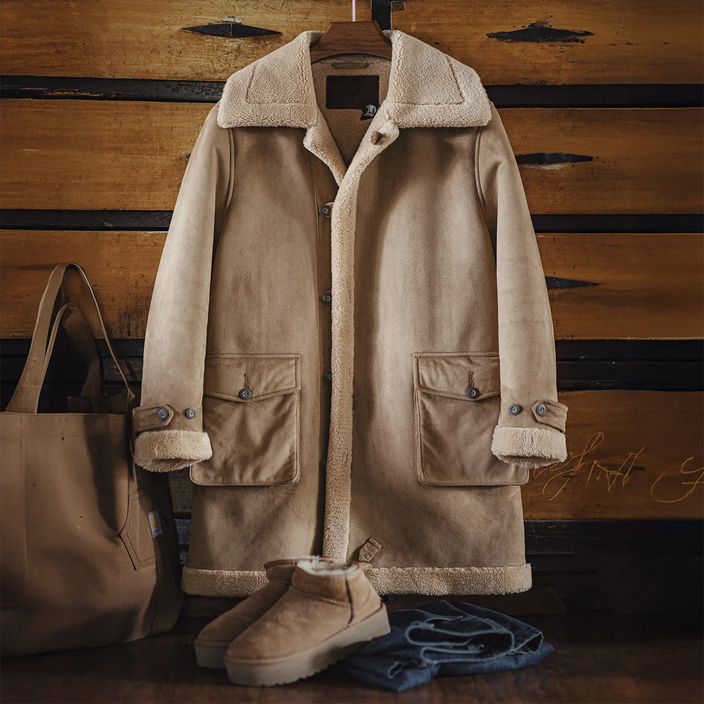 Maden Womens Winter Coat Suede Look Jacket with Sherpa Lining Thick Warm Mid Length Outerwear Khaki Cozy Winter Wear