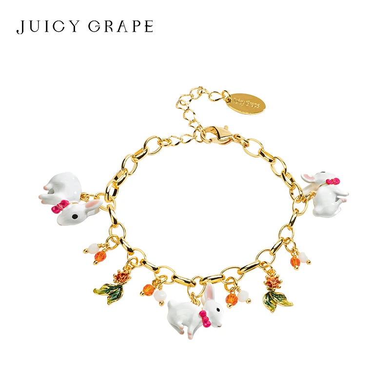 

Juicy Grape Cute White Rabbit Bracelet Adjustable Animal Bracelets Handmade Enamel Bracelet Plated 18k Real Gold Gifts for Women