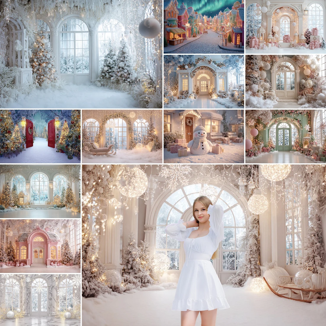 

MOON.QG Merry Christmas Background Photography Arch Window Gifts Fairy House Custom Backdrop Shooting Props Birthday Decoration