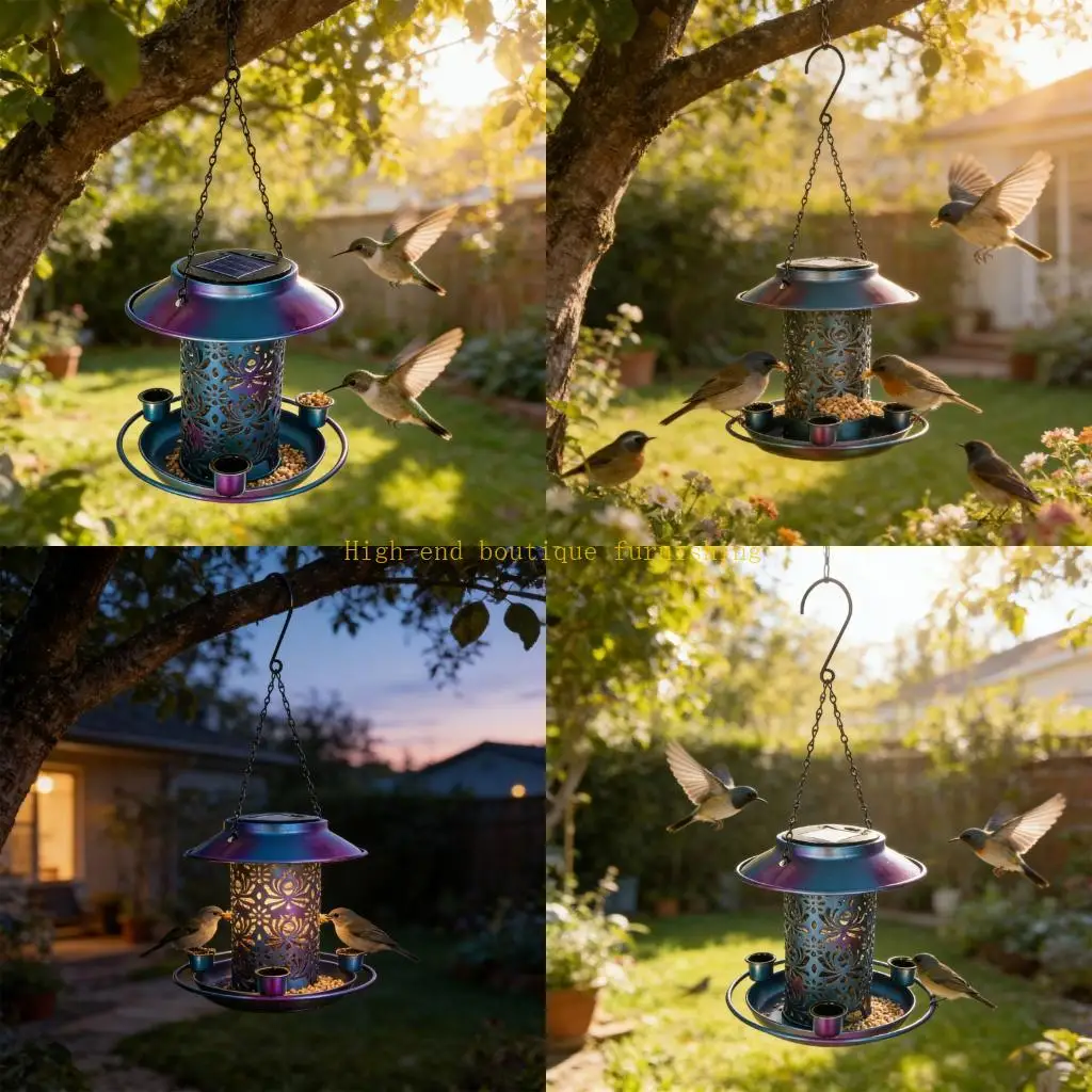 L9NB Automatic Solar Lighted Metal Bird Feeder Designed For Outdoor Enhancement