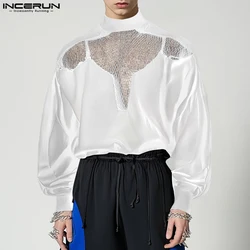 Casual Stylish Style Tops INCERUN Men's Sexy See-through Grid Hoodies Male Streetwear Solid Long Sleeved Hoodie Sweatshirts 2024