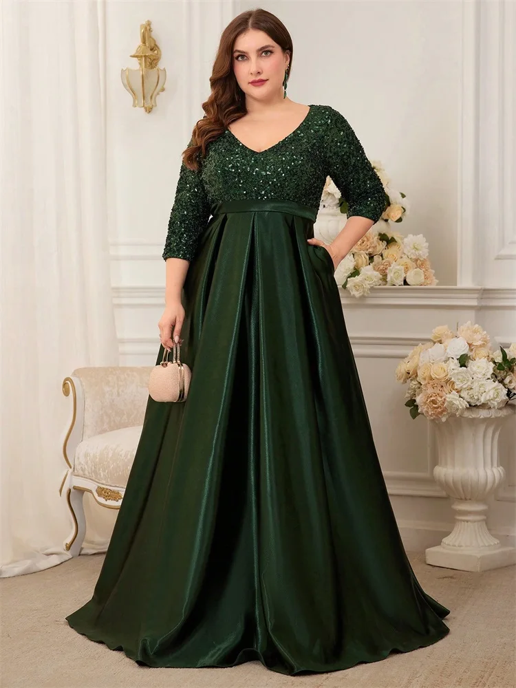 XUIBOL Plus Size Elegant Short sleeve Sequins Evening Dress Women Satin Prom Party Green Dress Floor Length Cocktail Gowns