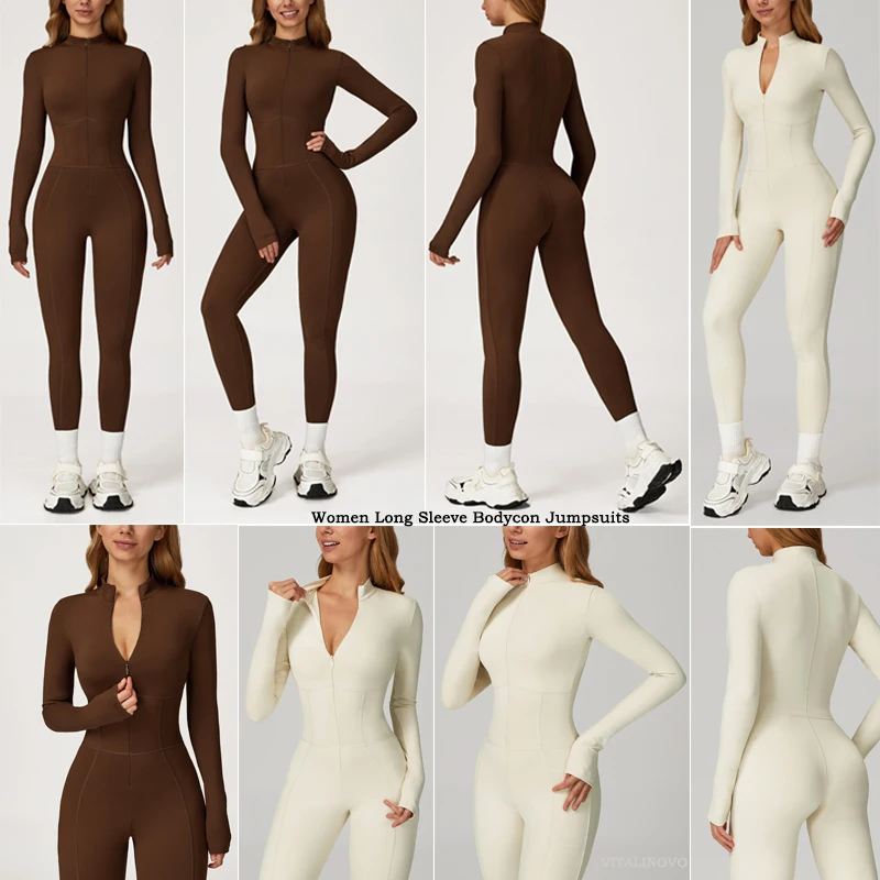 VITALINOVO Fleece Lined Long Sleeve Jumpsuits for Women Full Zipper Bodysuit Workout Full Length Bodycon Scrunch Leggings Onesis