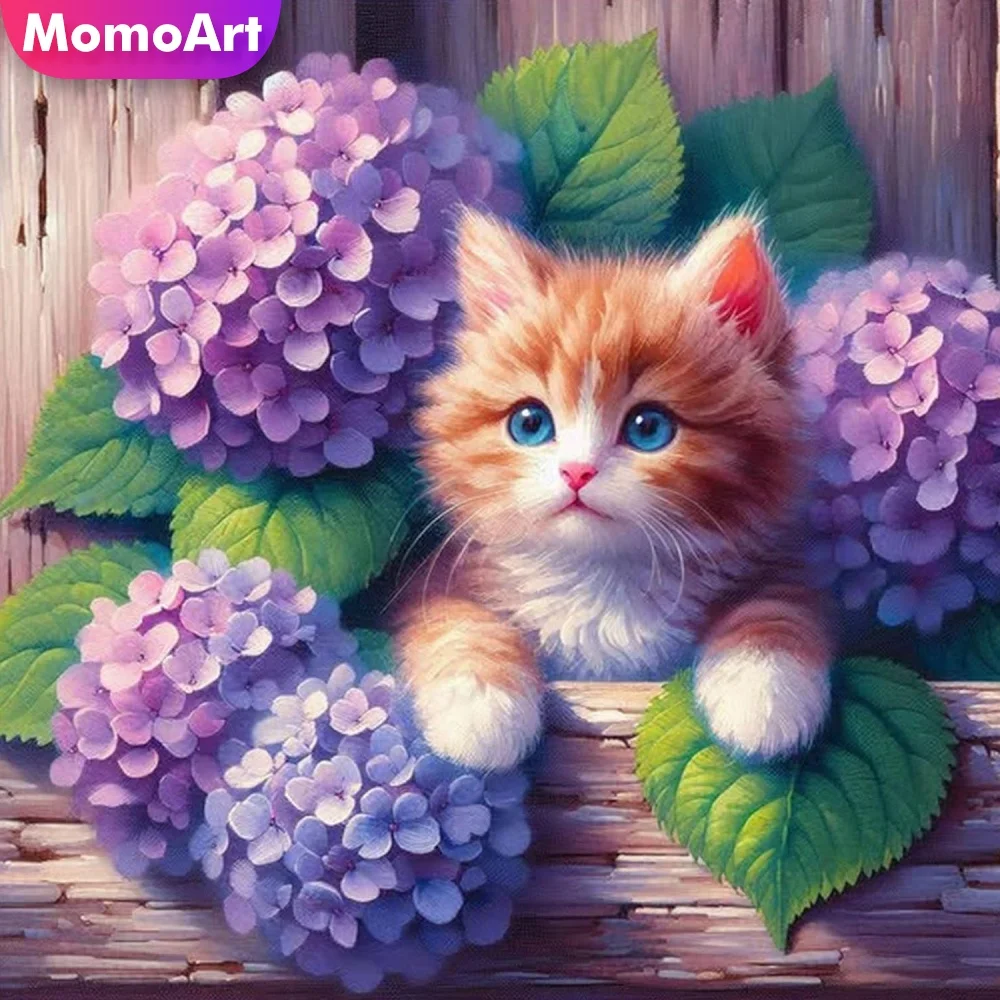 Momoart 5D DIY Diamantmalerei Katze Tier Acryl Bastelbedarf Diamantmosaik Hortensie Stickerei Heim Schlafzimmer Wandkunst