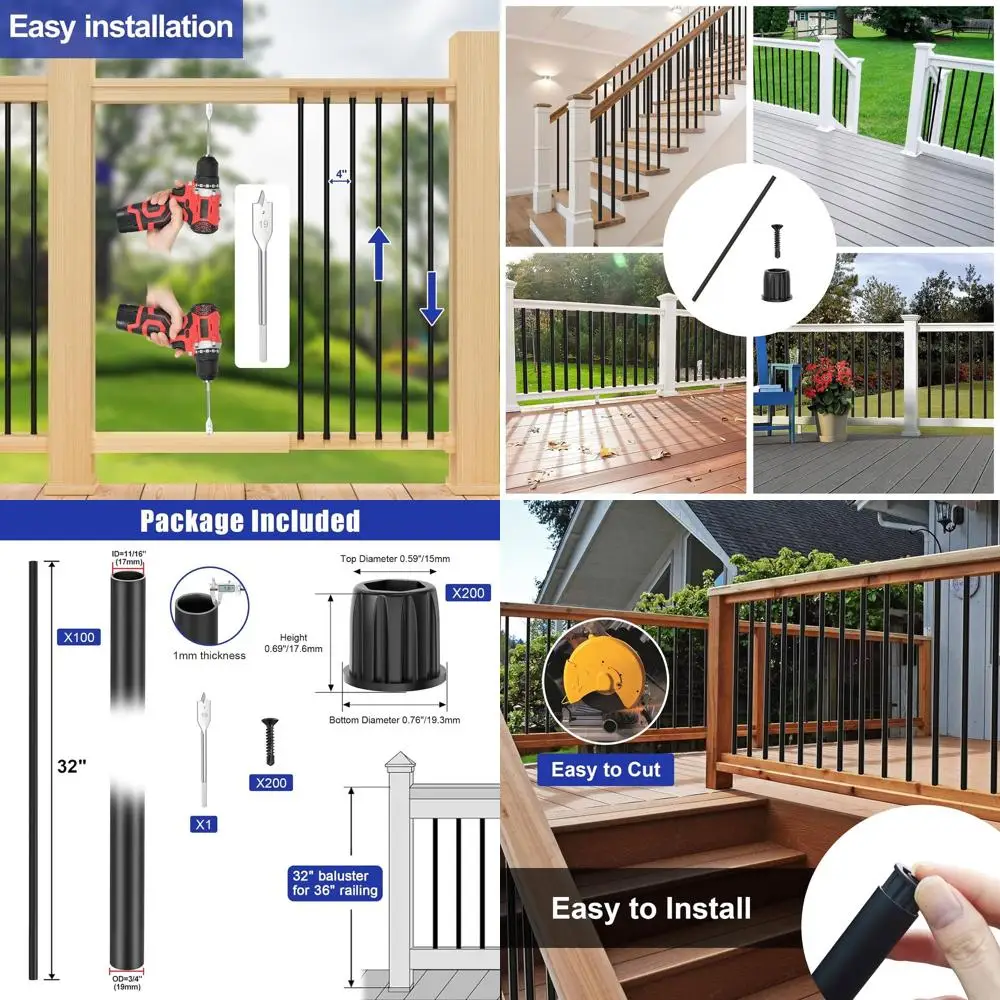 

32 Hollow Round Metal Deck Balusters, 100-Pack with Screws, Black Staircase Spindles for Railing