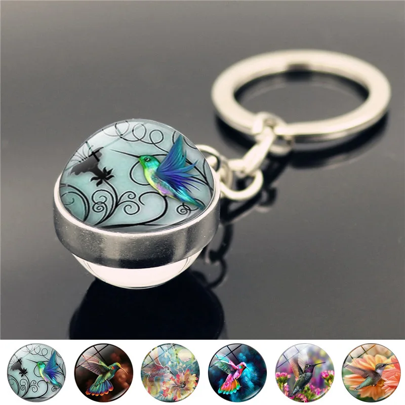 Popular Jewelry Glass Pendant Keychain Hummingbird Pattern Double-sided Glass Alloy Pendant Gift