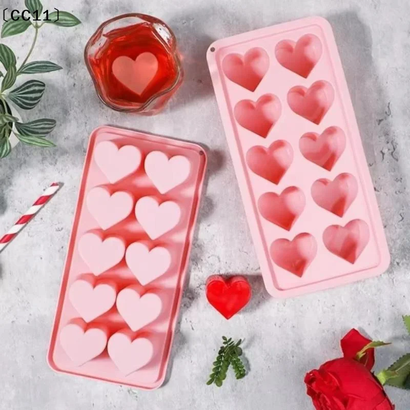 Ice Tray, Silicone Easy Release  Mold, Reusable Love Heart Pink Blue Red 10 Compartment Cupcake Mold For Baking Freezing〔CC11〕