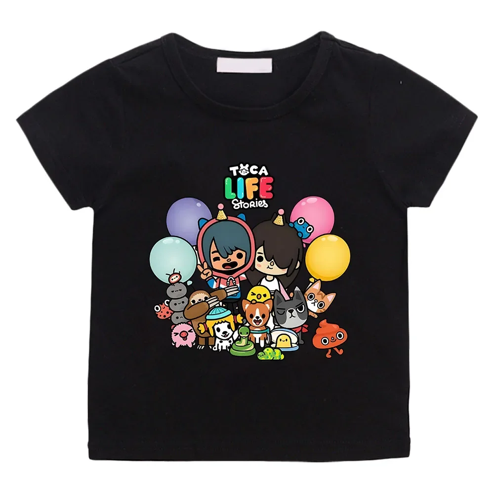 Desenhos animados gráfico impresso t-shirt para meninas e meninos, manga curta, confortável, versátil, roupas de verão, jogo, Toca, Boca e Gacha, mundo da vida