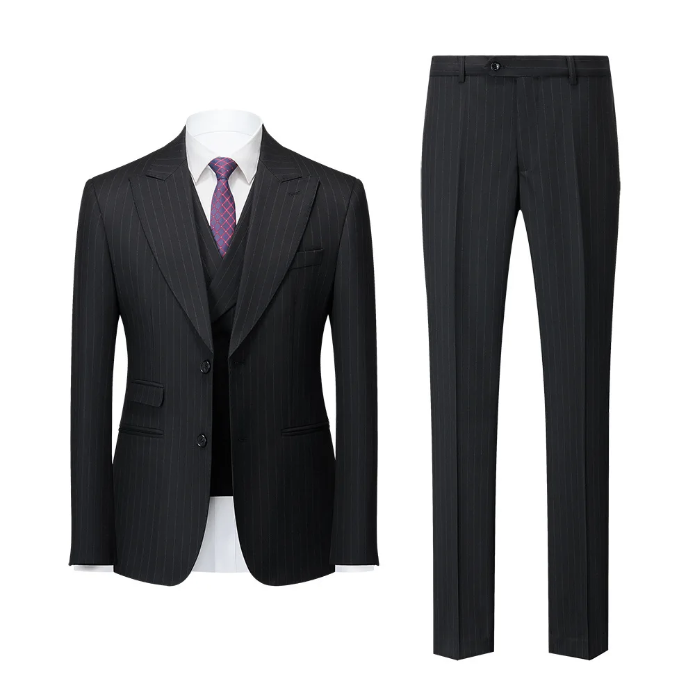 2023 New Men's Suit Set Korean Version Slim Fit Striped Casual Business Men's Clothing Wedding Studio Photo Three Piece Set