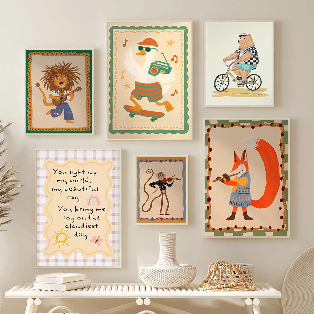

Funky Monkey Goose Lion Bear Fox Animals Posters Prints Colorful Wall Art Canvas Painting Nursery Picture for Kids Room Decor
