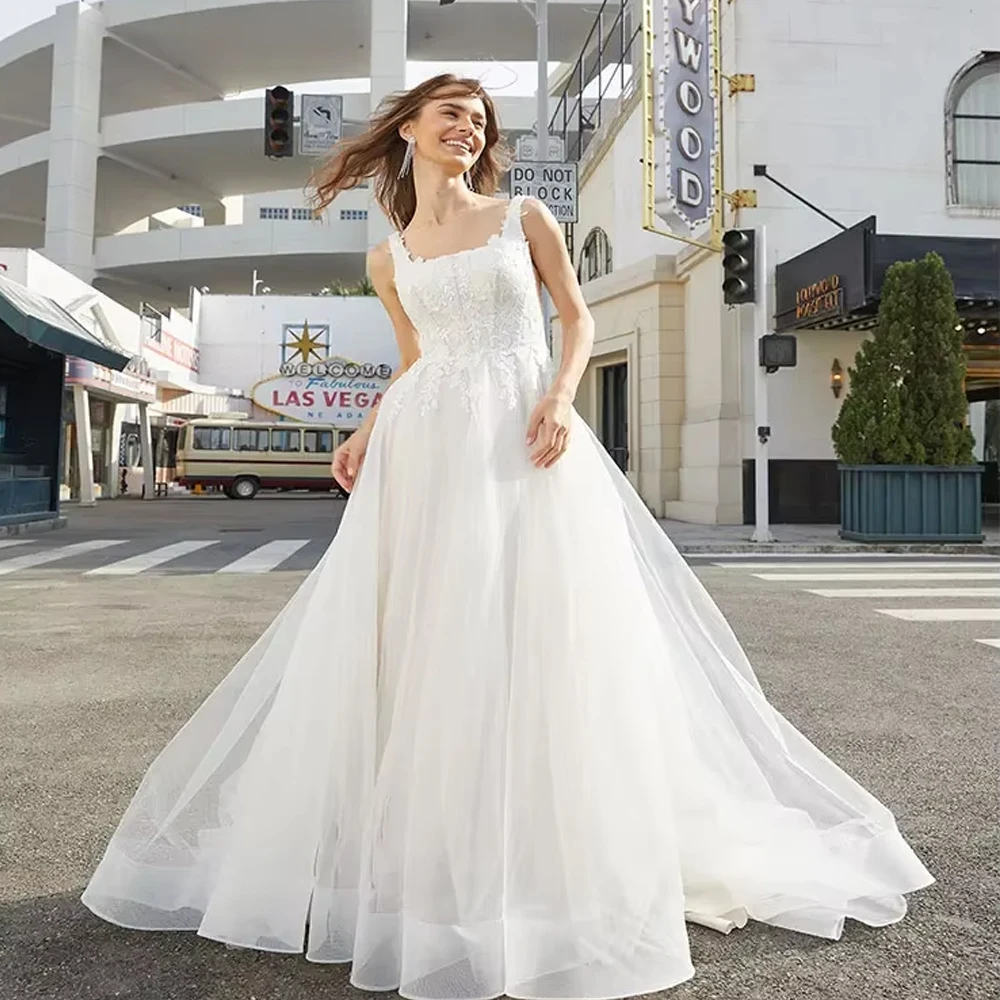 Customized Square Neck Long Decal A-line Luxurious Chiffon Lace Wedding Dress For Woman Bride Party Dress Bridal Gown