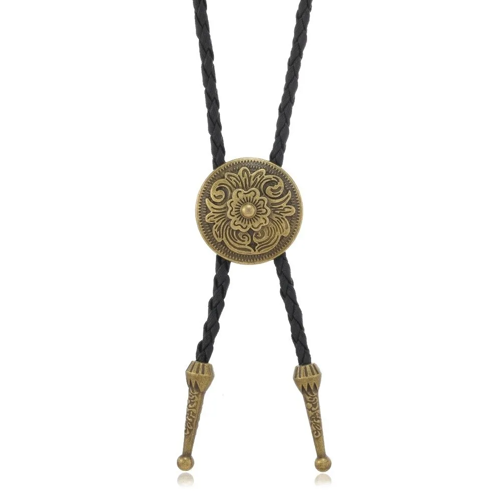 Vintage Artistic Bolo Tie Antique Silver Turquoise Inlaid Retro Tie Personality Round Disc Vintage Turquoise Pendant