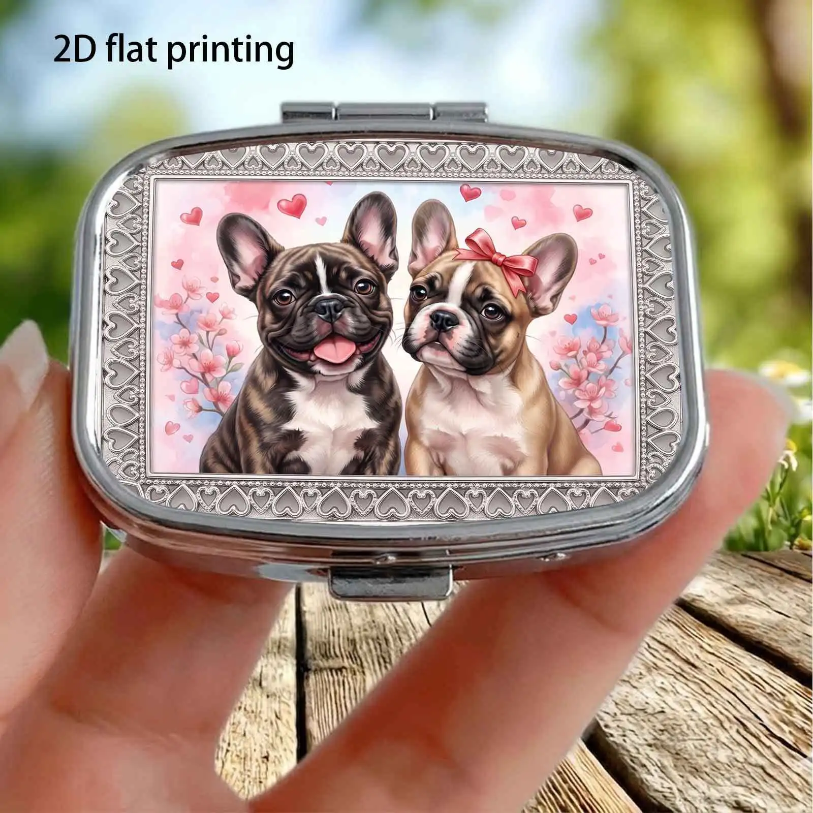 Pink Heart Background with Two French Bulldogs, Sweet and Cute Pet Motifs, Square Two-Compartment Small Pill Organizer, Portable Medicine Storage, Can Also Be Used as a Home Portable Organizer, Decorative Box, Perfect for Handbags, Wallets, and Travel, Metal Storage Box, Small Jewelry Organizer, Holiday Gifts, Souvenirs, Prizes, Small Gifts
