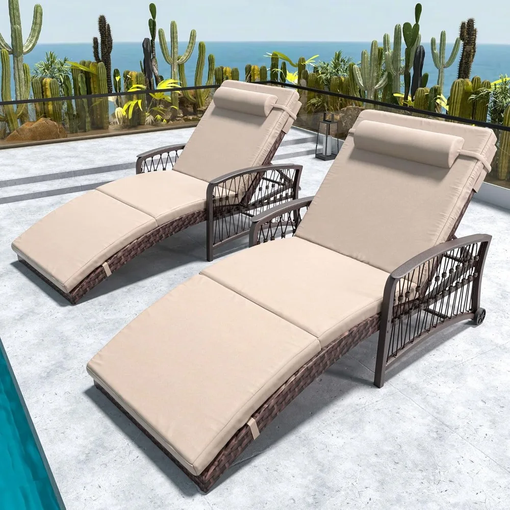 

Outdoor Chaise Lounge Set of 2 Outdoor Wicker Rattan Patio Chairs Recliners with 5-Position Backrest & Thickened Cushions & Whee