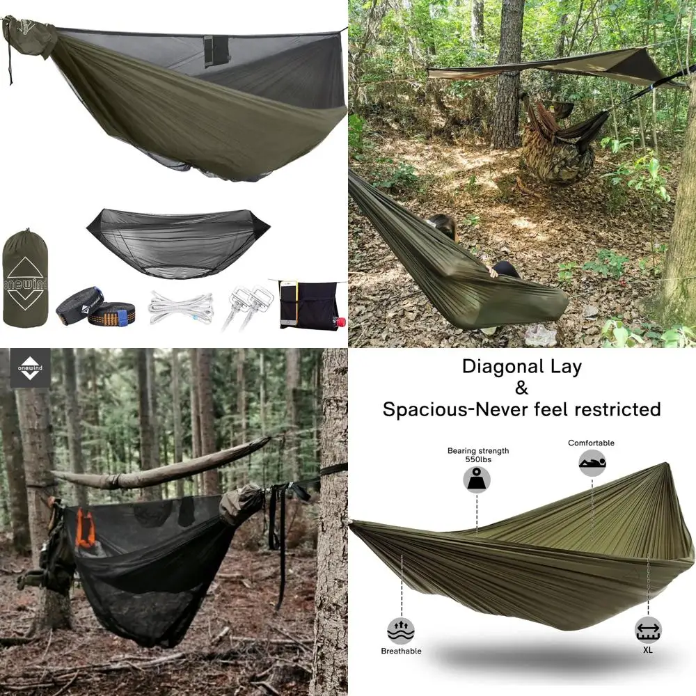 

onewind 12Ft Camping Hammock with Mosquito Net, Ridgeline Double Hammock Portable Lightweight Large Hammock Ripstop Nylon Durabl