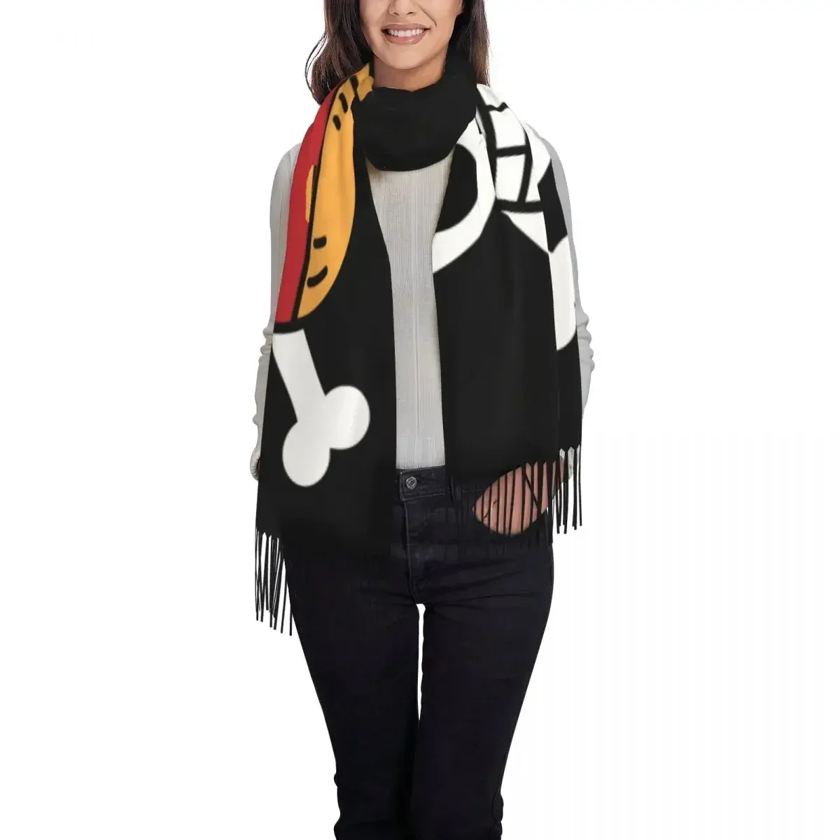 Een Stukken Schedel Vlag Sjaal Wrap voor Vrouwen Lange Winter Herfst Warm Kwastje Sjaal Unisex Anime Manga Strohoed Piraten Sjaals