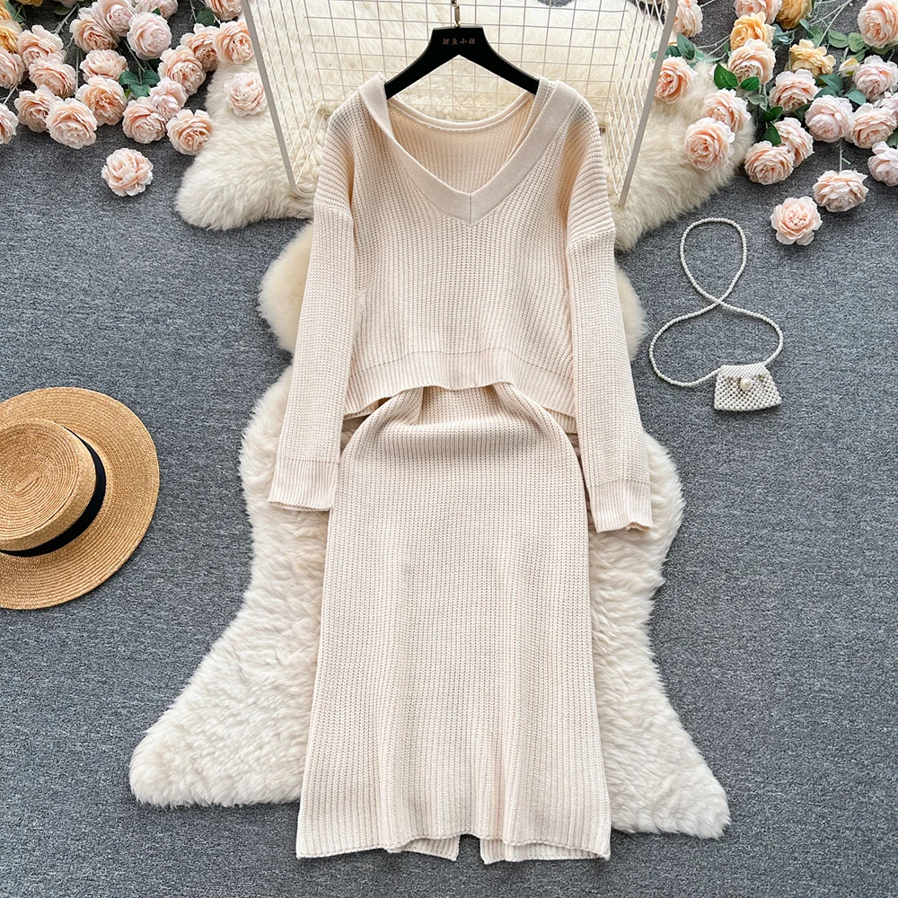 

Croysier Casual Knitted Matching Sets Women 2023 Long Sleeve Cropped Sweater Pullover And Knee Length Midi Dress Two Piece Set