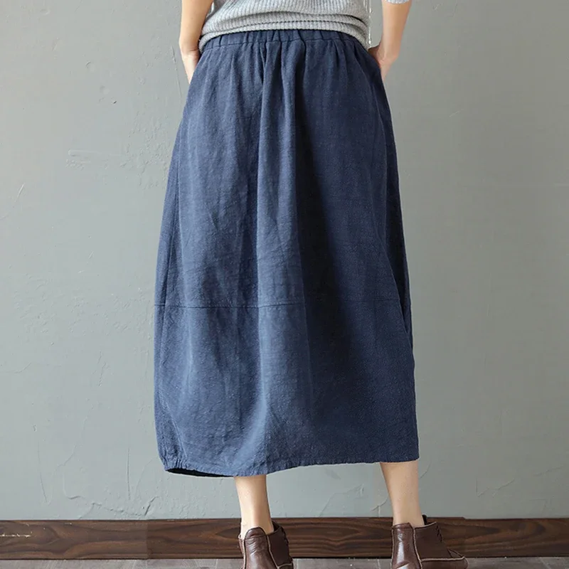 Elastic waist Cotton Linen Solid color Women Skirt Vintage Mori girl style Casual Summer Skirt female Cute Long Skirt QH1240