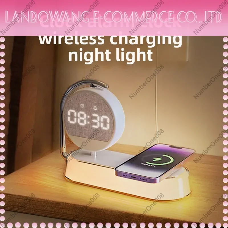 Wireless Charger Night Light, Multifunctional Alarm Clock Desk Lamp, Wireless Charging Bedside Ambient Light for Home Office
