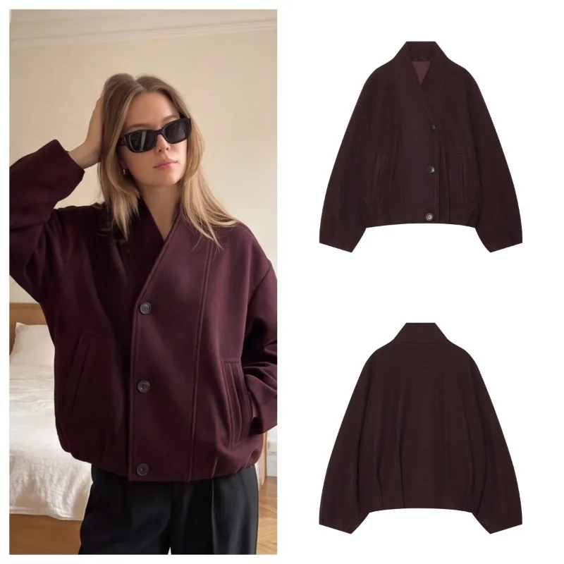 Guobioziy Minimalist Women V Neck Loose Jacket Autumn Winter Chic Single Breasted Pocket Warm Casual Solid Coat
