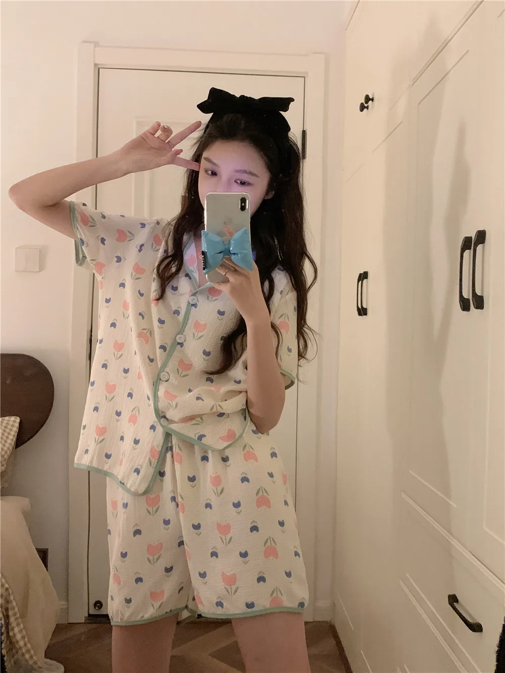 Tulip Flowers Print Summer Pajamas Set Sweet Pink Three Piece Home Suit Single Breasted Shirts + Shorts + Trouser Thin Sleepwear