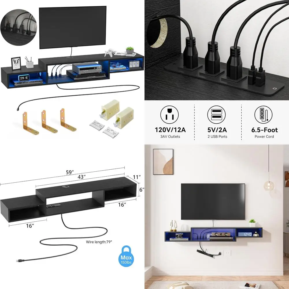 

LED-Illuminated 59 Floating TV Stand with Power Outlet and Storage Shelf for Wall-Mounted TVs and Media Consoles