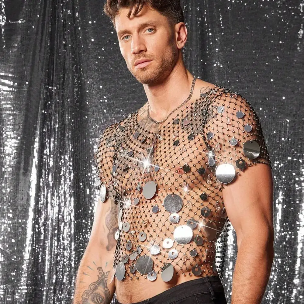 Men's Nightclub Flashy V-Neck Short Sleeve Summer Sexy Openwork Mesh Top Breathable Beaded Sequined Design Men's Clothing