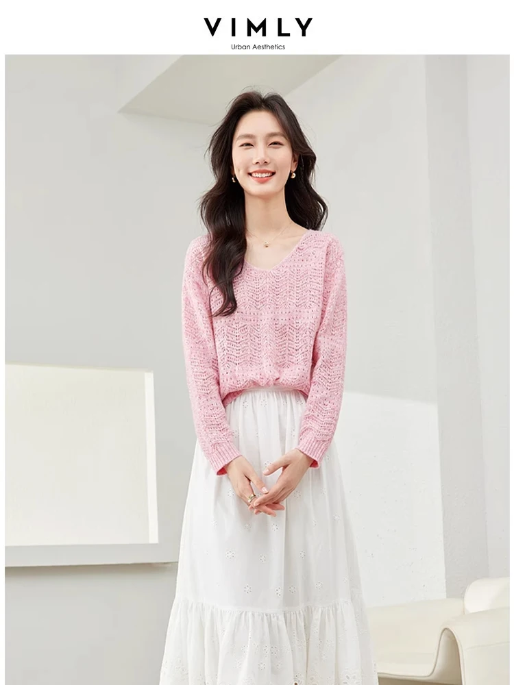 Vimly-Tricot évidé à col en V pour femme, manches longues, haut décontracté, mélange de laine, bleu, printemps, 2024, 72902