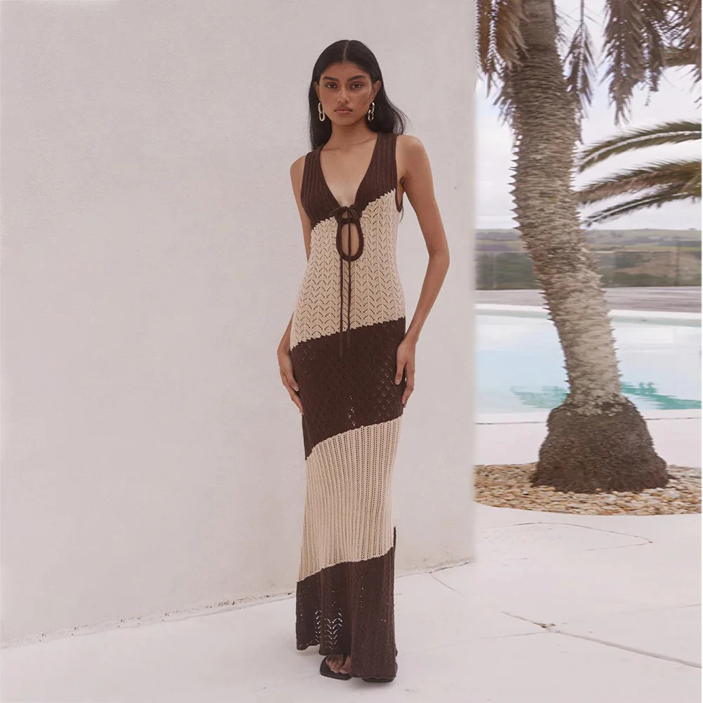 

SKMY 2026 New Sexy Striped Knitted Hollow Out Beach Cover-Ups Bikini Swimsuit Dress For Women Lace-Up Sleeveless Long Dresses