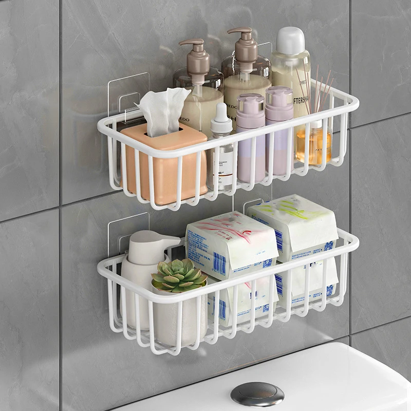 Bathroom Shelves Kitchen Storage No Drill Wall Shelf Plastic Basket Makeup Storage Organizer Shampoo Rack