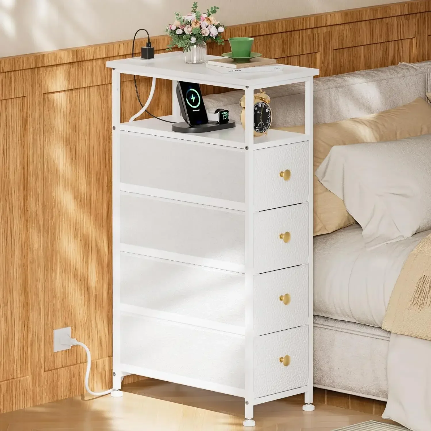 Narrow Dresser with Charging Station, Slim White Dresser with 4 Fabric Drawers, Slim Chest of Drawers with Steel Frame (White)