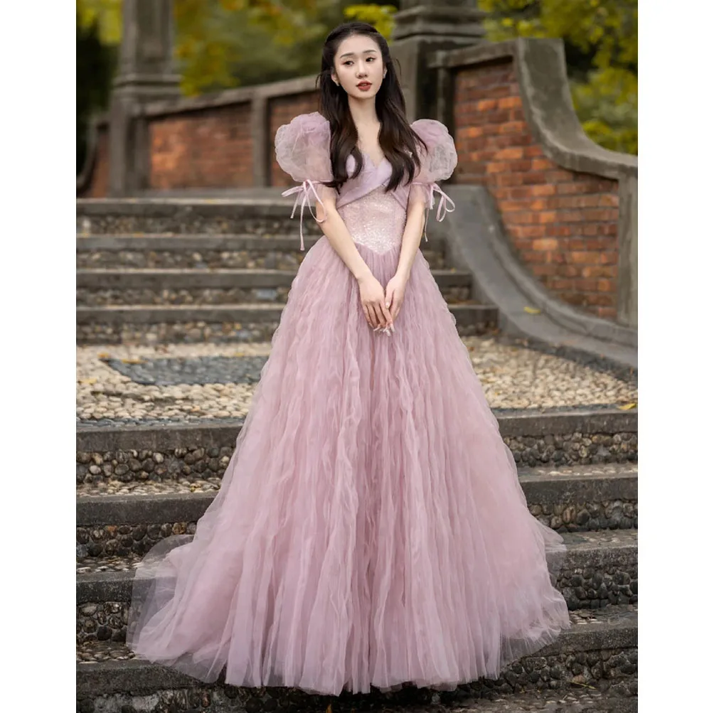 Pink Sequined Puff Sleeves Prom Gown Women 2025 Tulle A Line Wedding Birthday Dresses Long Evening Dress Ladies Large Hem Design