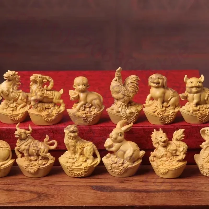 Hand Carved Boxwood Wooden Chinese Zodiac Animals Figurine Set of 12 - Lucky Ornament Portable Hand Piece Gift Collectible